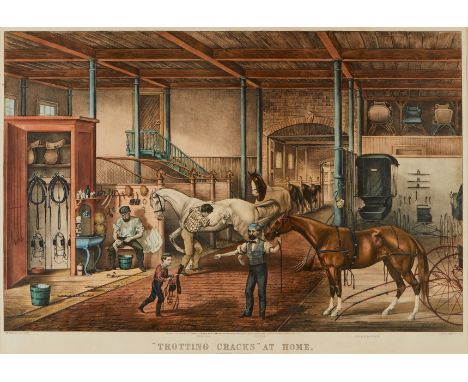 Thomas B. Worth (American, 1834-1917) for Currier and Ives, United States. Color lithograph titled "'Trotting Cracks' at Home