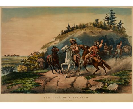 Currier and Ives, United States. Lithograph titled "The Life of a Trapper: A Sudden Halt," depicting a group of mounted trapp