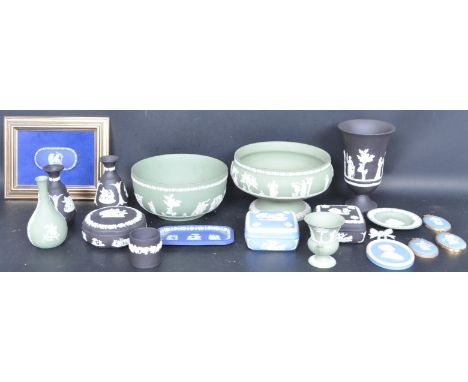 A collection of vintage 20th century Wedgwood Jasperware items comprising of a framed blue plaque, black basalt trinket pot, 