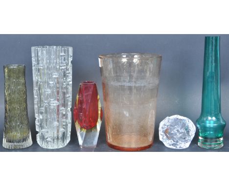 A collection of retro vintage mid 20th century circa 1960s studio art glass comprising of a Murano Sommerso vase, Whitefriars