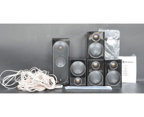 A contemporary home audio system comprising of four Monitor Audio radius 90 speakers together with a Monitor Audio Radius 80 