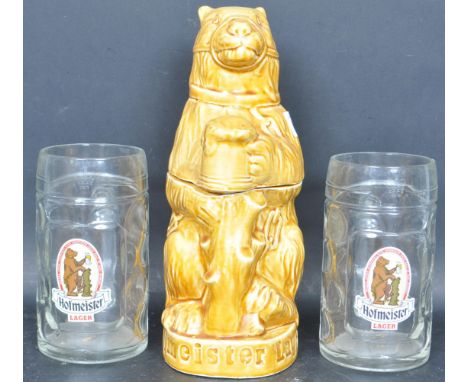 An original retro vintage 1970's Follow The Bear Hofmeister Lager ceramic advertising point of sale Bar Jar. Brown glaze depi