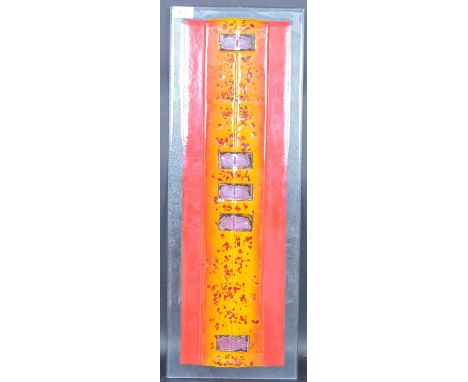 A vintage retro 20th century studio art glass wall hanging artwork. The artwork of a rectangular form decorated with orange a