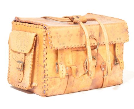 A retro vintage mid 20th century circa 1970s Guatemalan patchwork leather bag of cuboid form having carry handles to the side