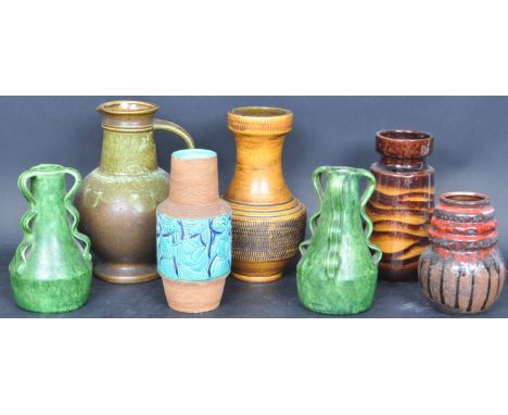 A collection of retro vintage mid 20th century studio art pottery comprising of two vases stamped Flemish, Italian studio art