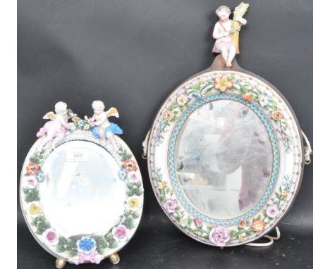 Two early 20th Century Meissen / Sitzendorf Manner wall barbola porcelain mirrors. Each having central mirror panel housed wi