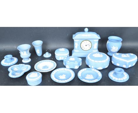 A collection of vintage 20th century Wedgwood Jasperware china porcelain wares to include lidded pots, candlesticks, a mantle