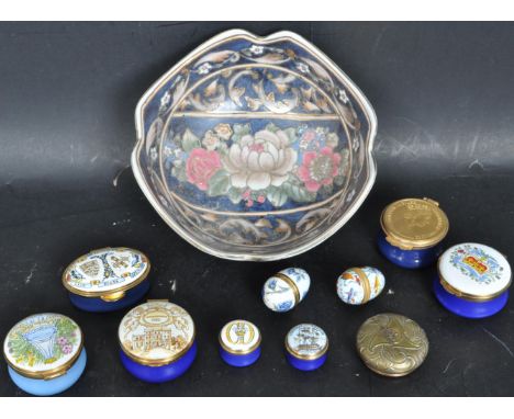 A collection of vintage 20th century Crumles and other enamel pill boxes including a Queens Silver Jubilee, Birth of Prince W