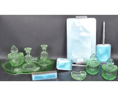 A 1930's Green glass Art Deco dressing table set to include candlesticks, lidded pots, pin tray etc together with a vintage c