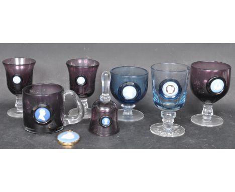 A collection of vintage 20th century Wedgwood jasperware tri colour glass ware comprising of goblets, tankards, bells and mor