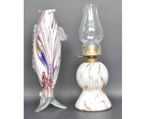 A vintage retro mid 20th century Murano glass fish and oil lamp. The fish of a large size along with an oil lamp having bulbo