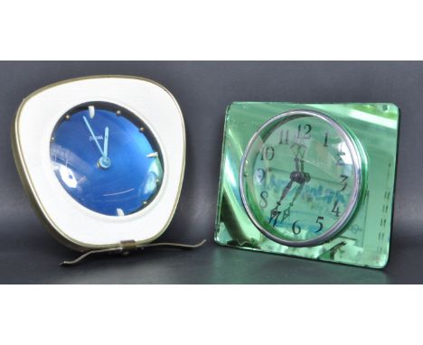 Two vintage retro 20th century clocks / desk clock / mantle clocks. One mantle clock by Fortuna having blue dial with button 