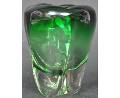 A vintage late 20th century Whitefriars glass molar vase in a green colourway. Measures 15cm tall.