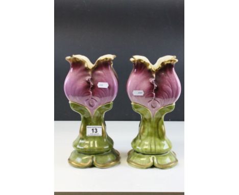 Pair of 19th Century French Sarreguemines ceramic Tulip vases