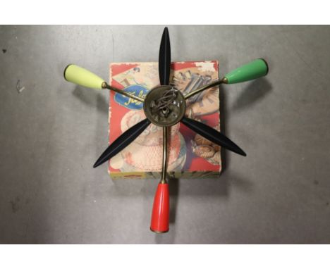 Retro Three Branch Central Light Fitting with Green, Red and Yellow Light Bulb Holders interspersed with Three Black Leaves t