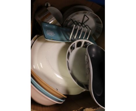 Two Trays of Mixed Retro Ceramics including Poole Pottery and Midwinter