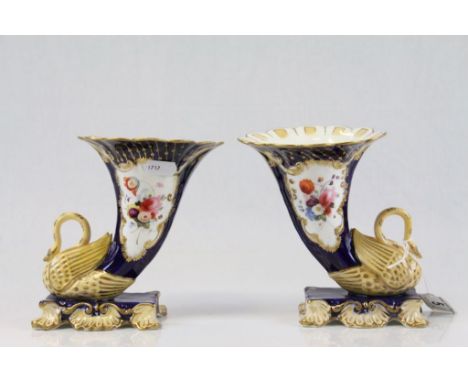Pair of 19th Century hand painted Cornucopia ceramic vases with Swans and gilt detailing