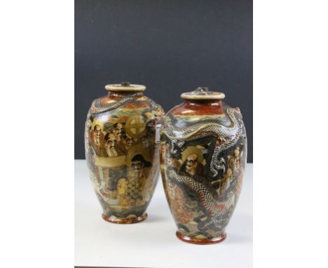 Pair of Japanese Satsuma 1000 faces vases converted to Lamp bases