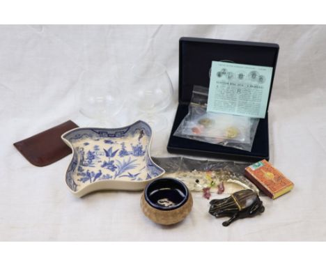 Box of collectables including royal coin set, survival mirror, horn snuff box etc