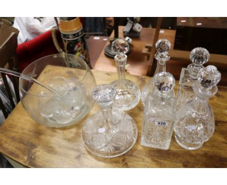 Waterford Cut Glass Decanter together with Two Square Cut Glass Decanters, Ship's Cut Glass Decanter and Two Further Decanter