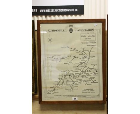 Vintage framed and glazed Automobile Association road map of England & Wales to indicate mileage from "South Molton Devon"