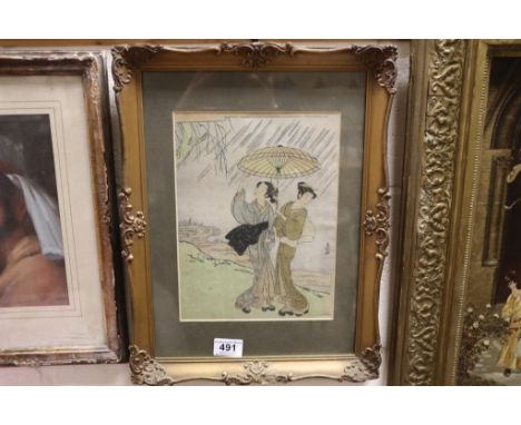 Oriental school, early 20th Century glit framed woodstock portrait of two Geisha girls