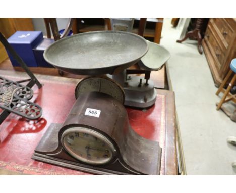 Set of Vintage ' The Verity ' Scales and Weights, Salter Domestic Balance Scales No. 5 and a Mantle Clock