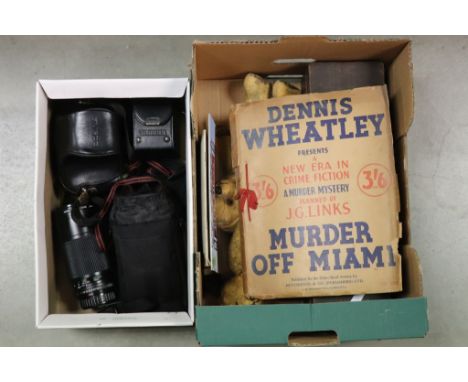 Mixed Lot comprising Two Old Teddy Bears, Wooden Slide Box with Slides, Dennis Wheatley Murder Off Miami Crime Fiction Book, 