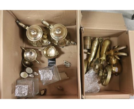 Mixed Lot comprising Brass Canon, Brass Antelope, Pig, Two Glass Decanters, Four Piece Tea Service and Small Ceramic Animals