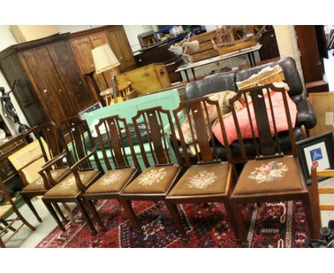 Set of Six 1920's / 30's Mahogany Dining Chairs (including two carvers) with needlework upholstered drop in seats