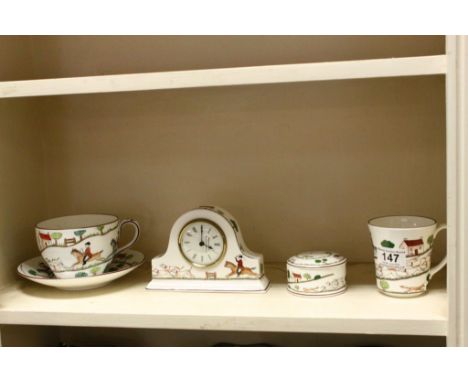 Four items of Wedgewood Hunting Scenes ceramics to include a Mantle clock