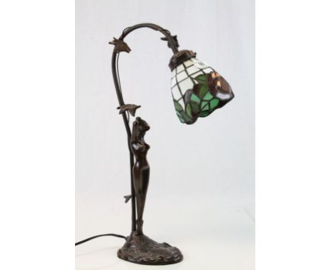 Bronze Effect Table Lamp in the form of a Naked Lady with Tiffany Style Shade