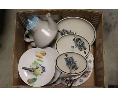 Two Boxes of Mixed Vintage and Retro Ceramics including Cakestands and Poole Pottery 