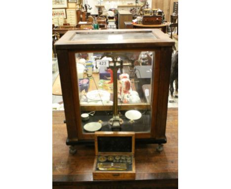 Cased set of vintage Chemists Scales with additional box of weights and marked to case "A Gallenkamp & Co Ltd London