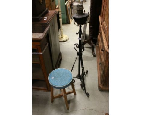 Retro Beech Wood Stool and a Victorian Iron Oil Lamp Stand