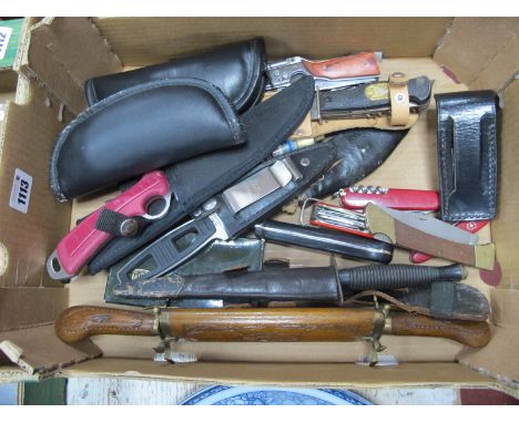 Survival Knife, in leather sheath, Mauser, Solingen, Swiss Army style, novelty and other knives.