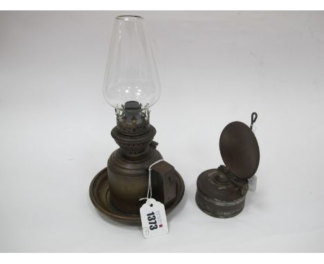 British Made Brass Chamber Oil Lamp, with shade, 24cm overall height, camping lamp. (2)