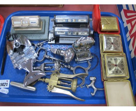 Two Art Deco Desk Calendars, one other, bottle openers/corkscrews, travel clocks.