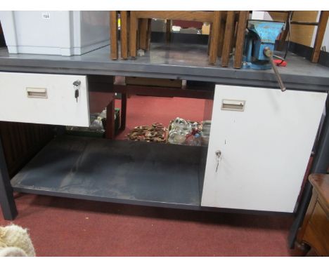 Large Metal Workbench, with lockable compartment and drawer (approximately length 150.5cm width 76cm height 90cm). Plus Clark