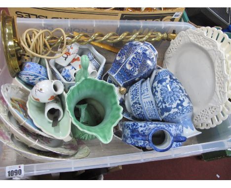  Oriental Pottery, jug, brass lamp, etc:- One Box.