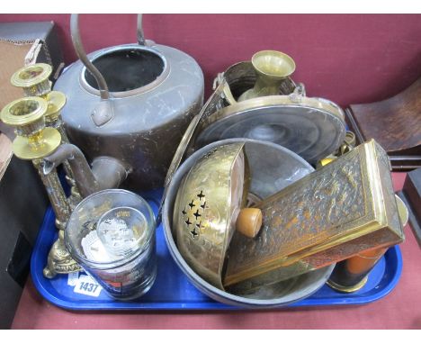A XIX Century Copper Kettle, (no lid), brass trench art lighter, brass candlesticks, embossed box, potato weights, etc:- One 