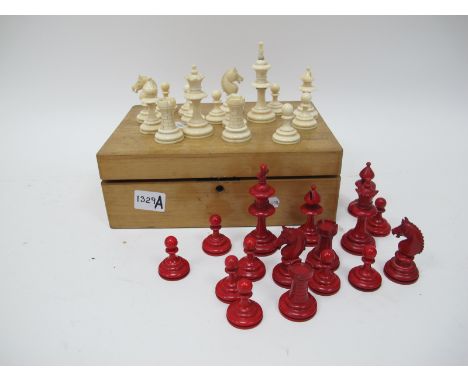 A Circa Late XIX Century Ivory Chess Set, red stained and white, the kings 8.5cm tall.Lot 1329A - there are sixteen white pie