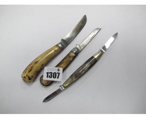 Pocket Knives - J Fenton, Sheffield, one blade, polished stag 9cm clodes, also John Petty and Sons, polished horn scales, met