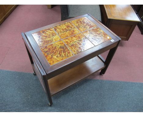 Teak tea trolley, circa 1970's, with six tile top, 76.5cm wide.