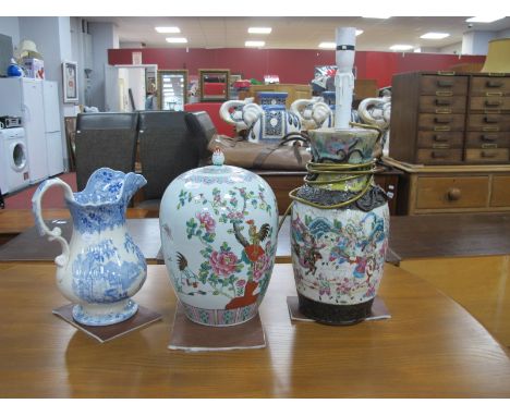 Oriental Chinese Pottery Vase, circa 1900 featuring warriors to ovoid body (converted to a lamp), ginger jar featuring exotic