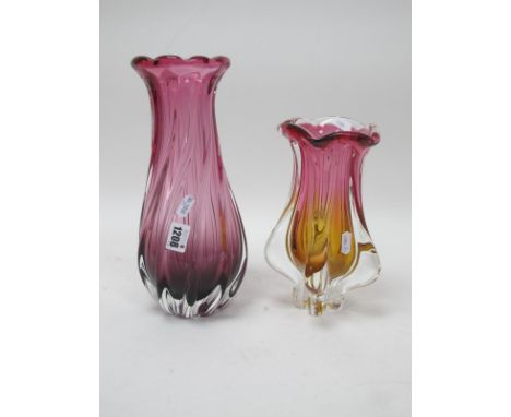 A Czech Ruby and Amber Glass Vase, on pentagonal base, 23cm high and another larger (2).