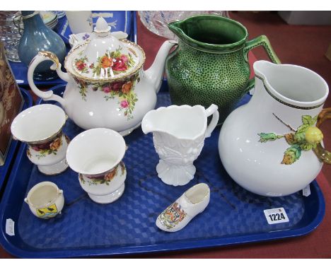 Royal Albert Old Country Roses Teapot, pair of matching urn vases, a XIX Century baluster jug with floral handle, a green cer