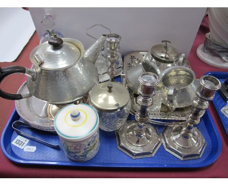 Plated Candlesticks, plated basket, pewter tea service, etc:- Two Boxes