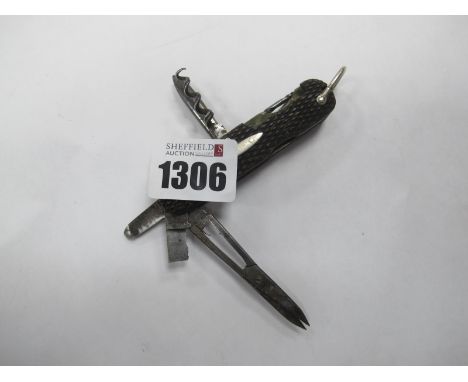 Pocket Knife, Montague, Piccadilly multi blade, worked horn scales, lanyard ring, 8cm (damages).