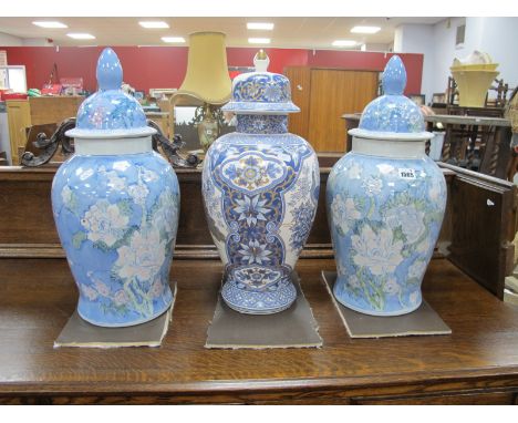 Oriental, Late XX Century Ginger Jars and Covers, predominantly in light blue and white, a pair with bamboo and foliage, a si
